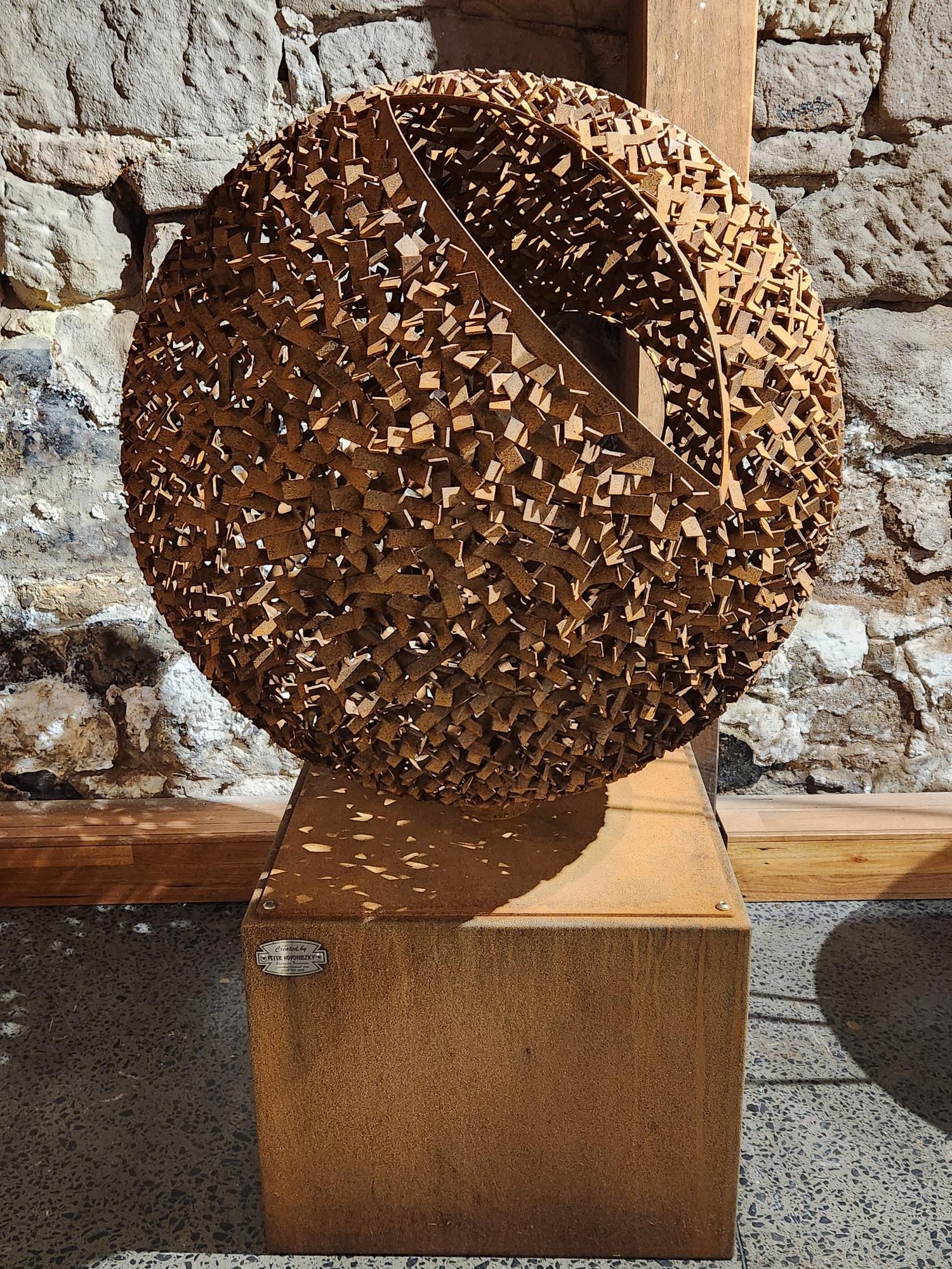 Corten Steel Sphere on Square Plinth