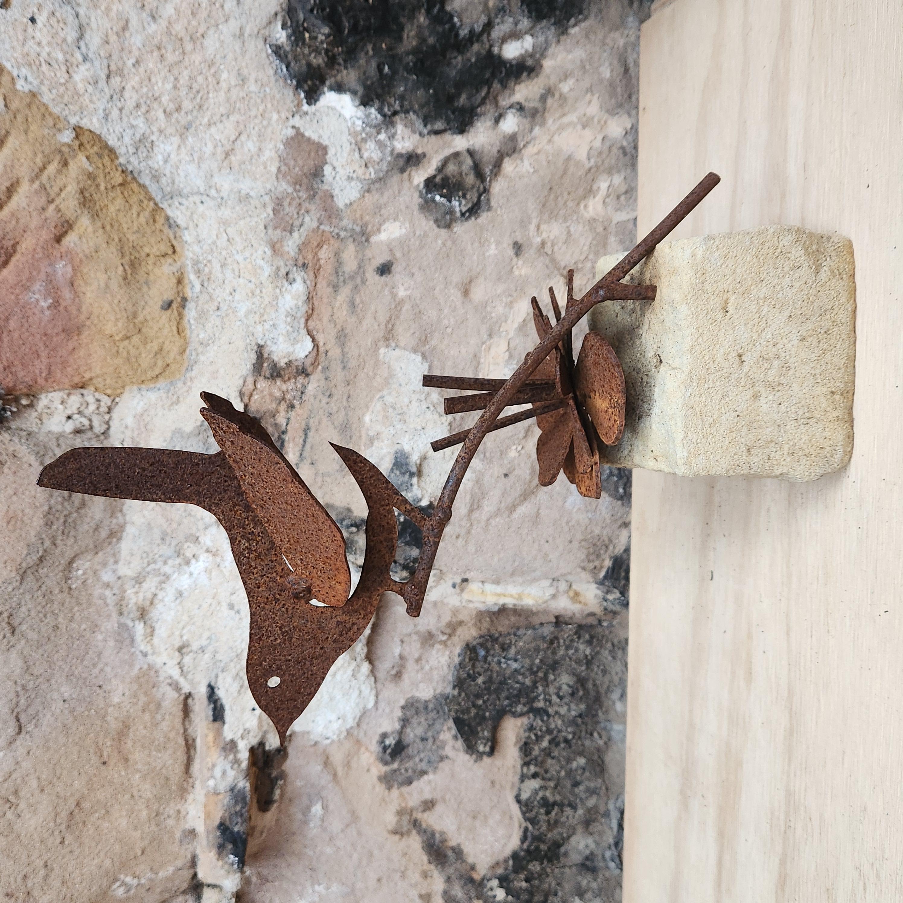 Mini Corten Steel Bird on Sandstone