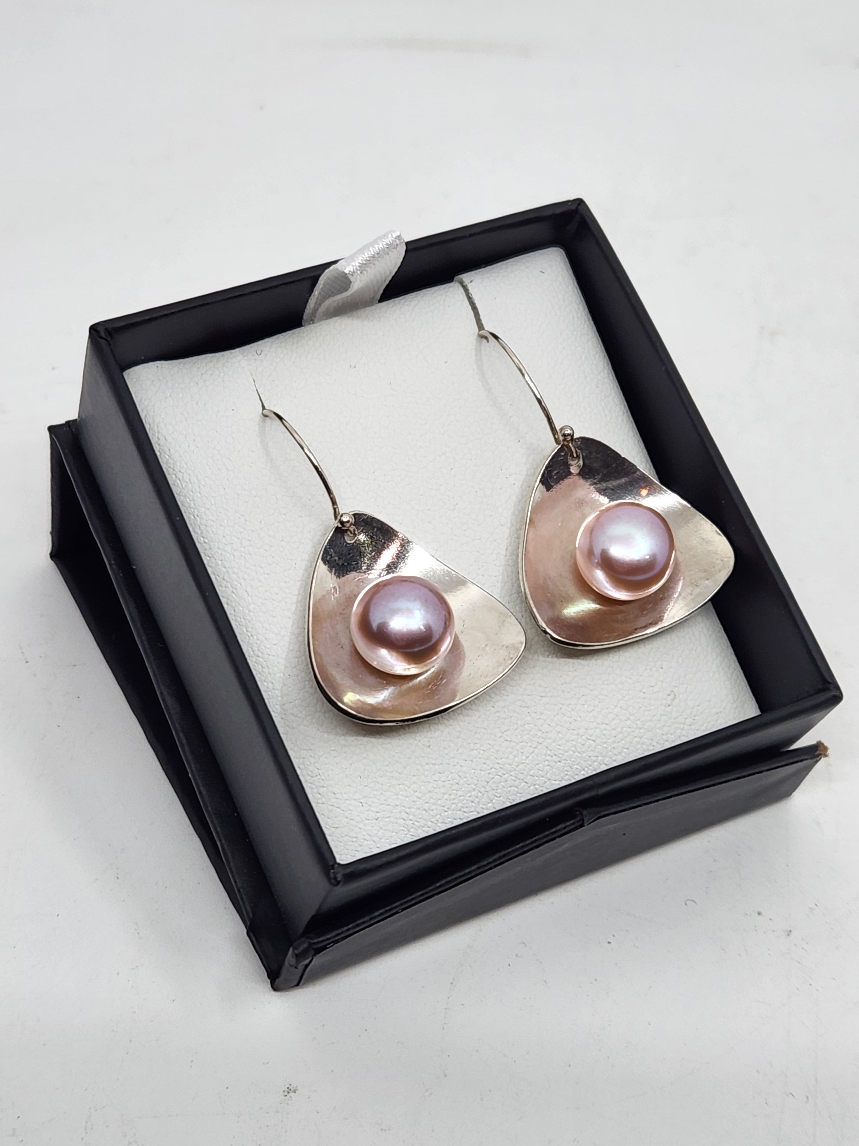 Silver & Pink Pearl Triangular Earrings